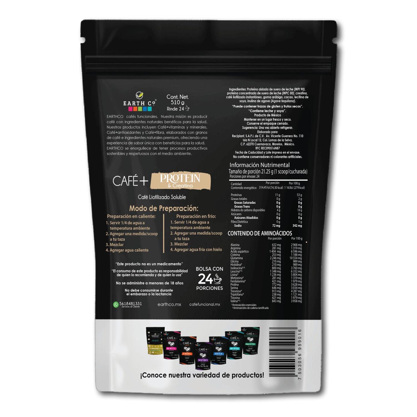 Reverso de la bolsa de Café + Proteína y Creatina de Earth Co con información nutrimental, ingredientes y modo de preparación.