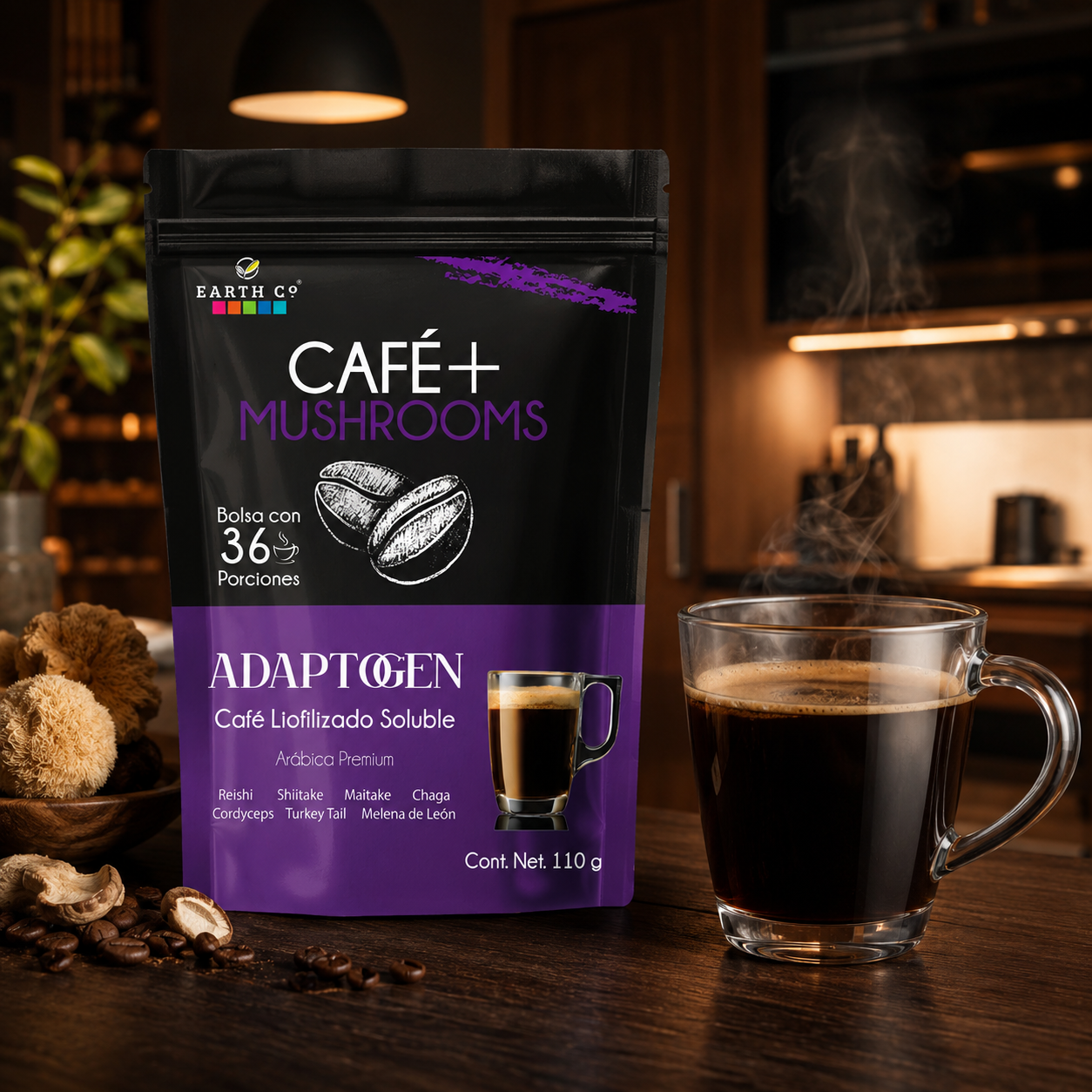 Café + Adaptógenos de Earth Co en una cocina cálida, junto a una taza de café negro humeante listo para tomar.