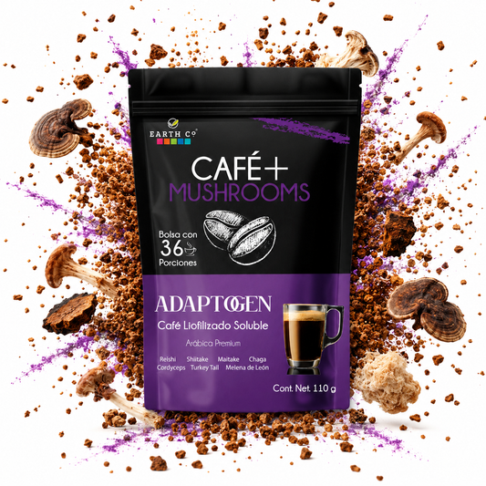 Bolsa de Café + Adaptógenos de Earth Co, café con hongos liofilizado soluble, 110 g y 36 porciones, sobre una explosión de café y hongos funcionales.