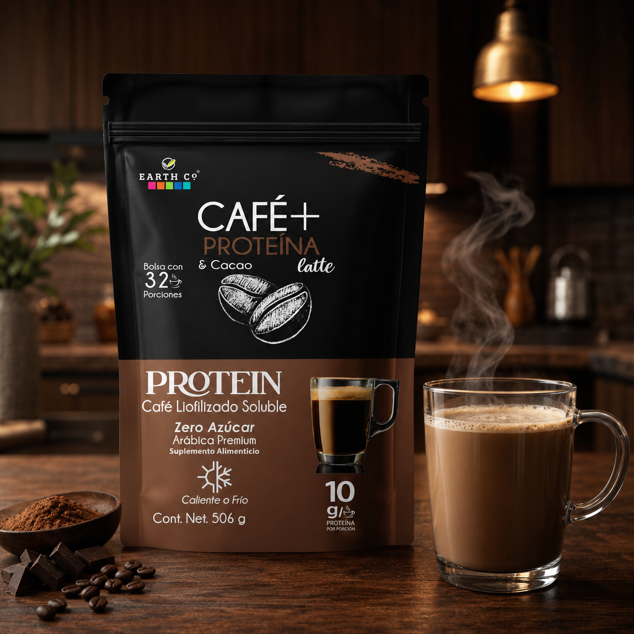Taza humeante de Café + Proteína y Cacao de Earth Co servido caliente, junto a la bolsa de café soluble.