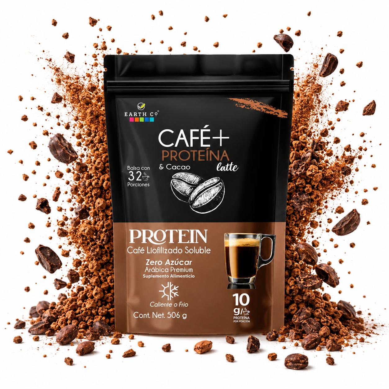 Bolsa de Café + Proteína y Cacao de Earth Co, café liofilizado soluble sabor mocha, 506 g, sobre una explosión de café molido.