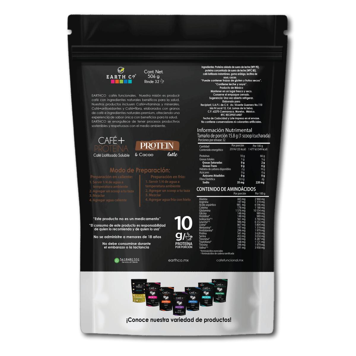 Reverso de la bolsa de Café + Proteína y Cacao de Earth Co con información nutrimental, ingredientes y modo de preparación.
