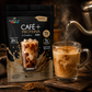 Taza humeante de Café + Proteína y Creatina de Earth Co servido caliente, junto a la bolsa de café soluble.