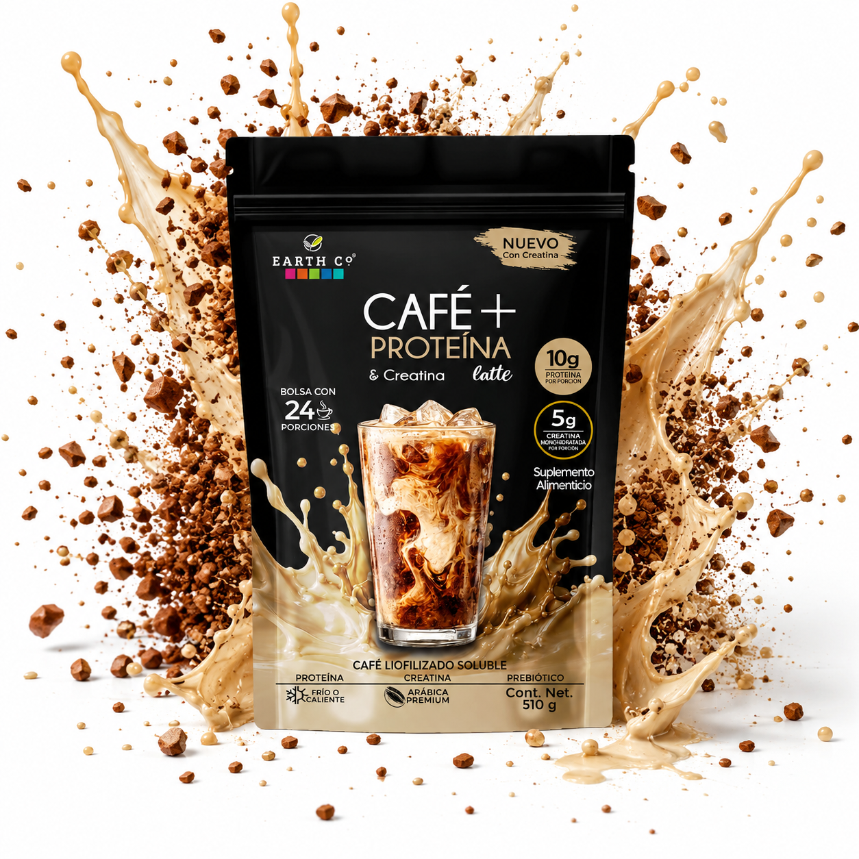 Bolsa de Café + Proteína y Creatina de Earth Co, café liofilizado soluble con 10 g de proteína y 5 g de creatina por porción, 510 g, sobre una explosión de café y latte.