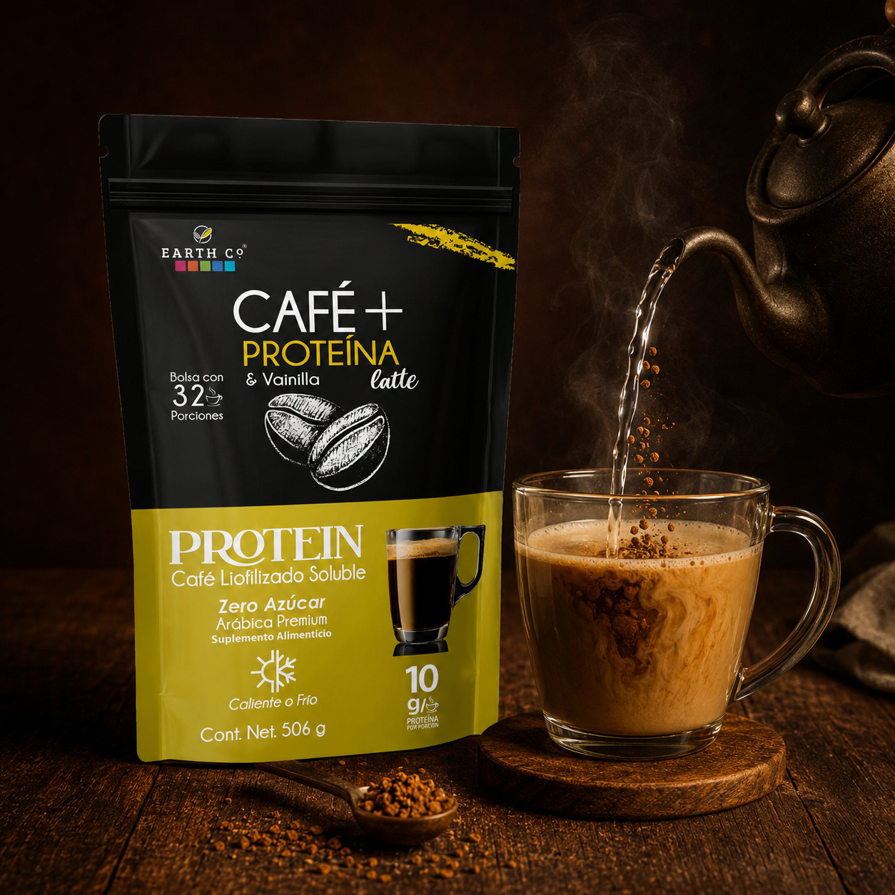 Earth Co Café + Proteína Vainilla — preparado caliente en taza