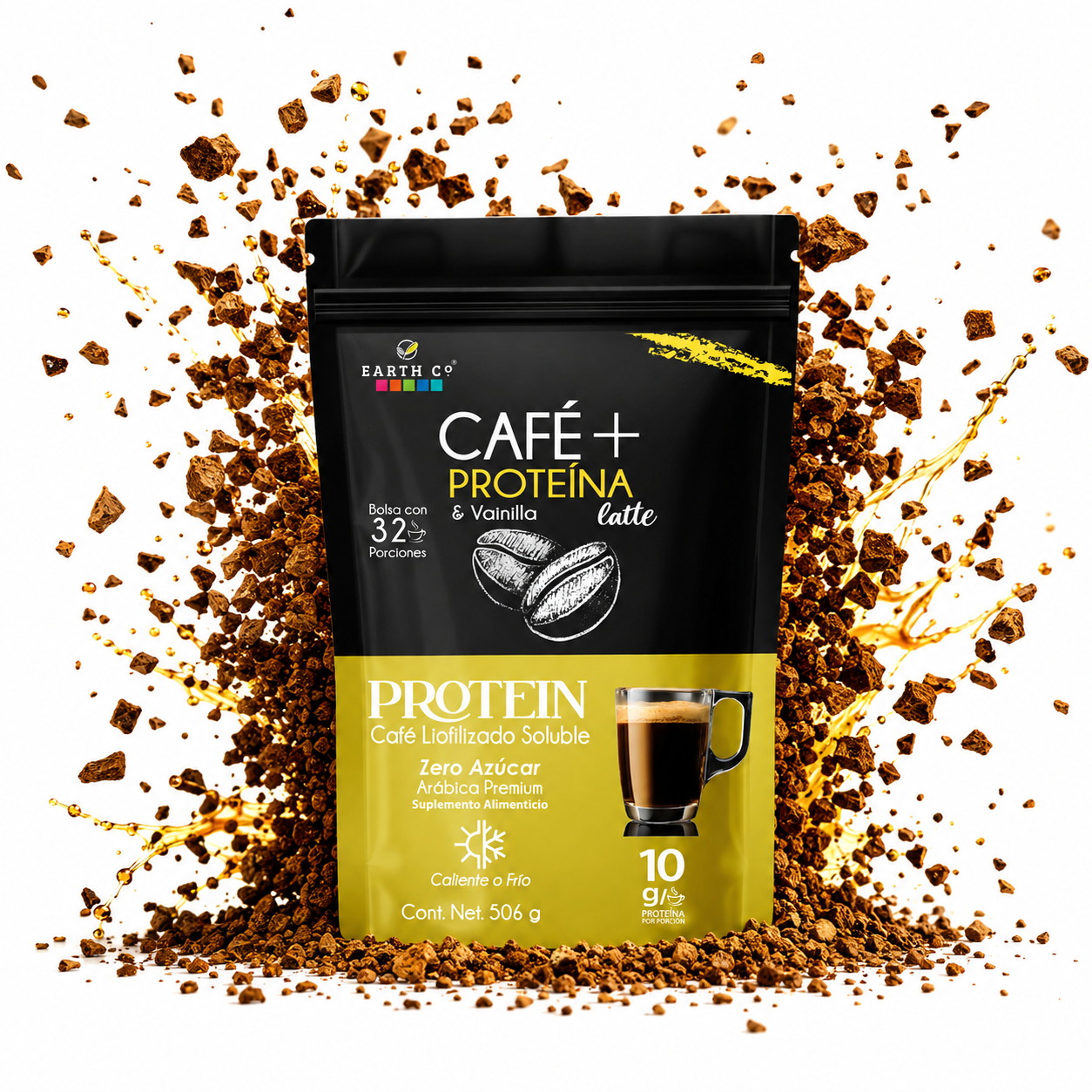 Earth Co Café + Proteína Vainilla — bolsa de café soluble con explosión de café