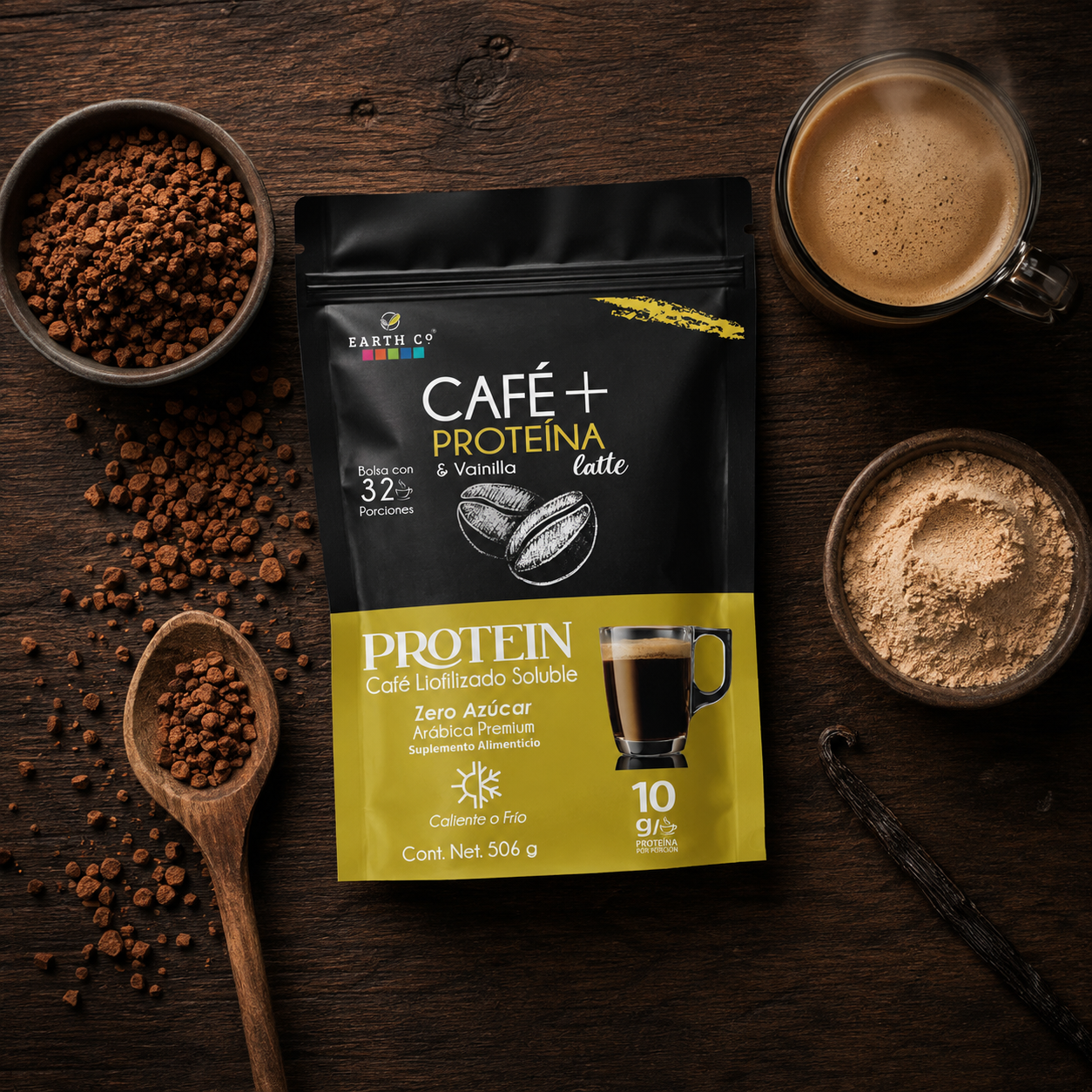 Earth Co Café + Proteína Vainilla — cristales de café liofilizado y taza