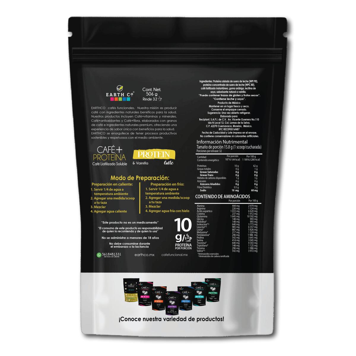 Earth Co Café + Proteína Vainilla — información nutrimental e ingredientes