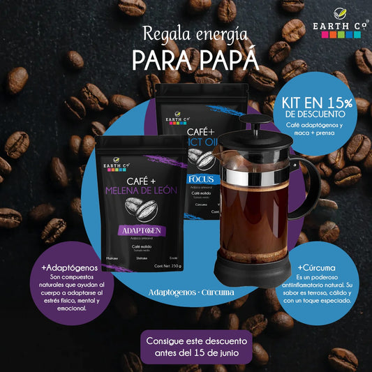 Kit: Prensa Francesa 800 ML + Cafe Focus 250 grs y Cafe Adaptogenos 250 grs