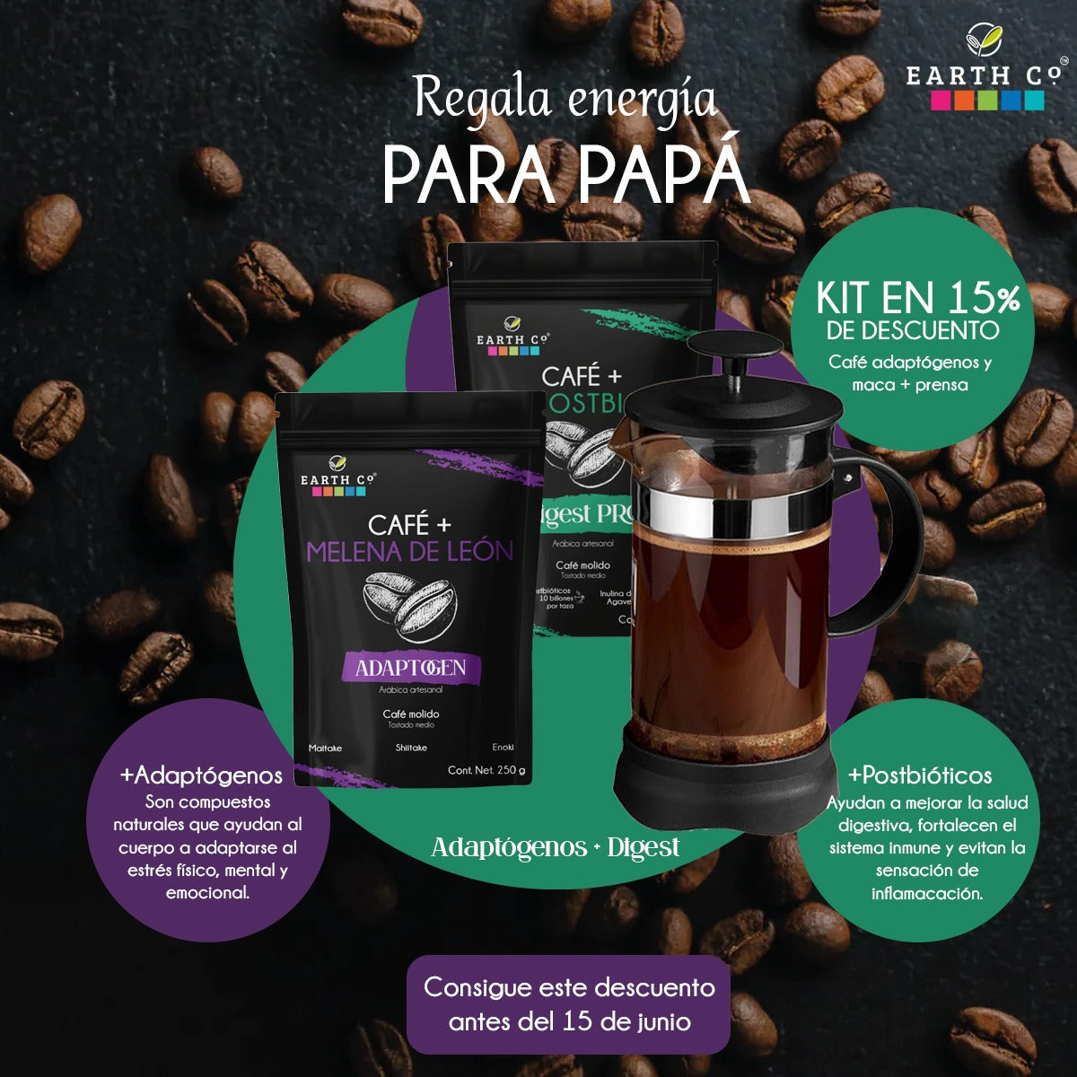 Kit:Prensa Francesa + Cafe Adaptogenos 250 grs y Cafe Digest PRO 250 grs