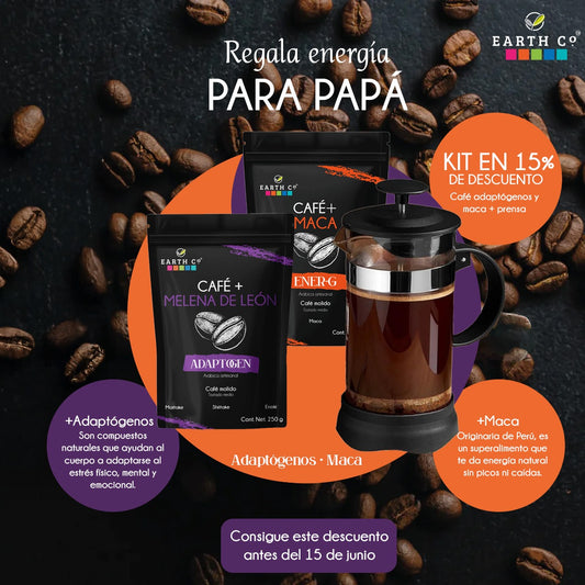Kit : Prensa Francesa  + Cafe Adaptogenos 250 grs y Cafe Energy Maca 250 grs